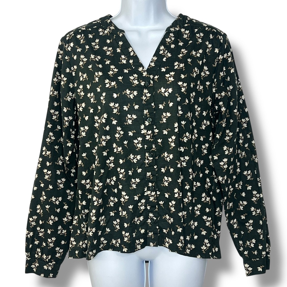 Orvis M 100% Cotton Floral Button Up Blouse Green Cottagecore Preppy Lightweight